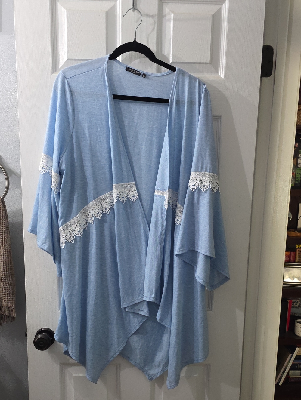 Light Blue Lace-Trim Kimono Robe -Waterfall Cardigan Hannah 2x